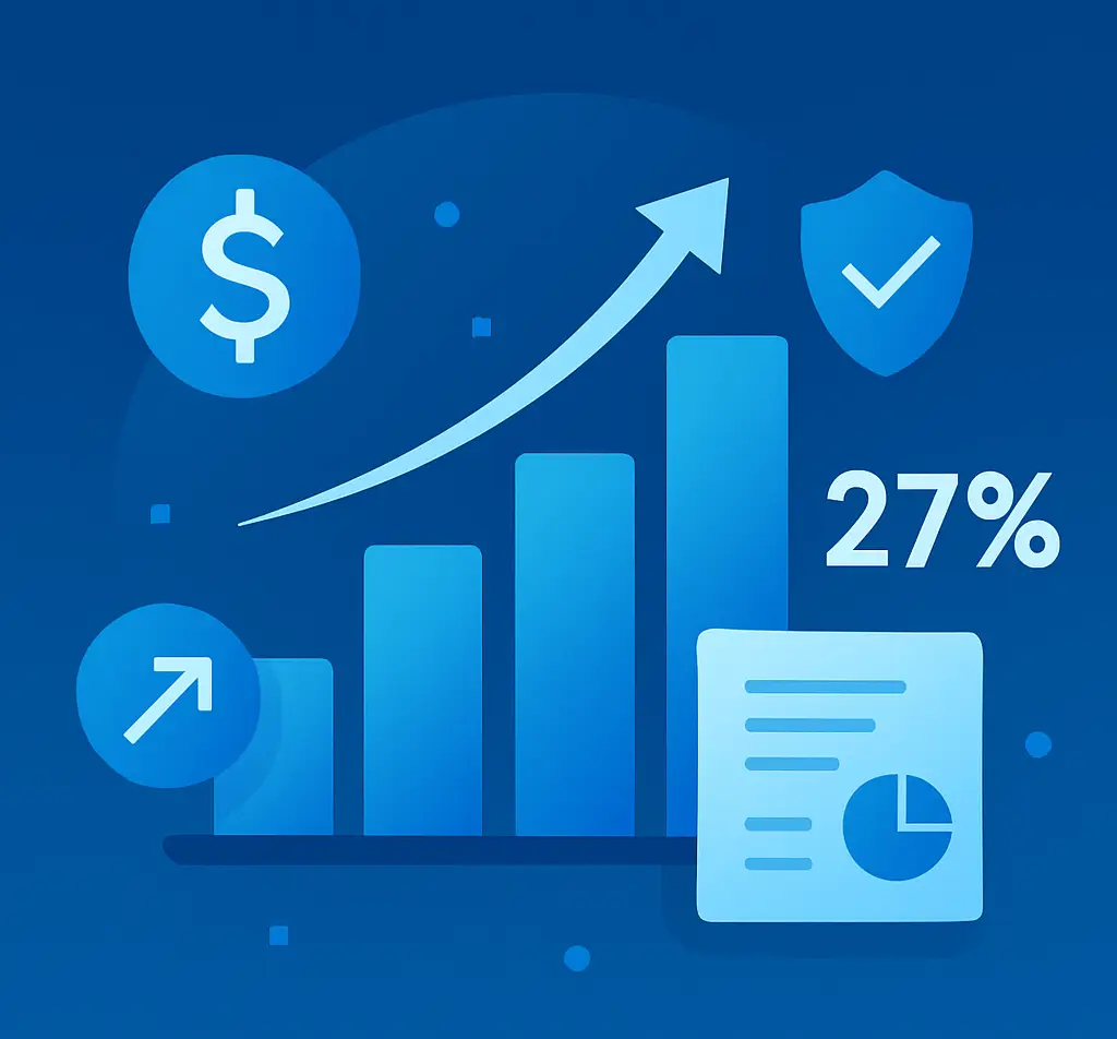 Abstract illustration of financial growth and business results with bar chart, dollar sign, and upward arrow